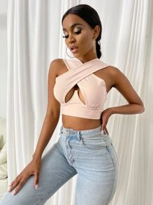 SHEIN SXY 交叉圍裹短版背心上衣 - 杏色 - 查看 3