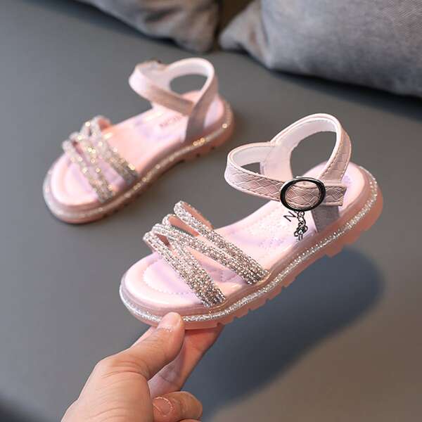 

Girls Rhinestone Decor Ankle Strap Sandals, Baby pink