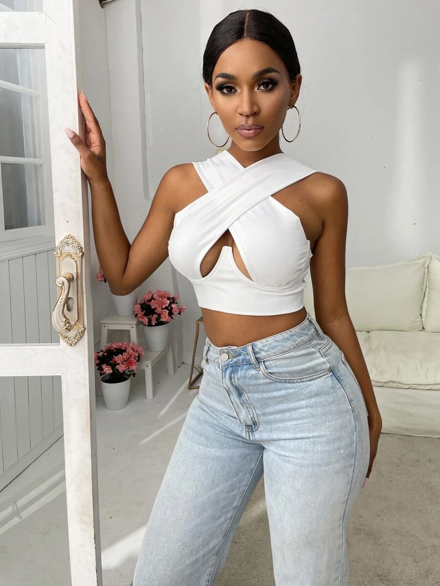 SHEIN SXY Cross Wrap Crop Tank Top - White - View 1