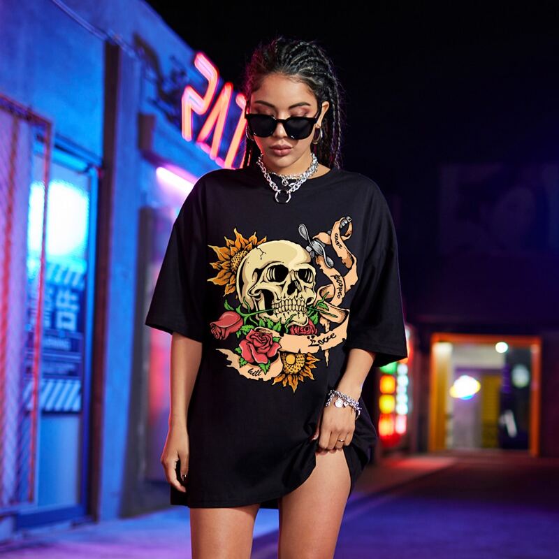 

Skull And Floral Print Oversized Tee, Black
