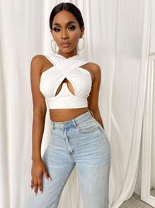 SHEIN SXY Cross Wrap Crop Tank Top - White - View 3