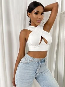 SHEIN SXY Cross Wrap Crop Tank Top - White - View 4