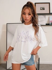 Letter & Fire Graphic Oversized Longline Tee - White - View 6