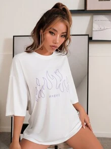 Letter & Fire Graphic Oversized Longline Tee - White - View 7