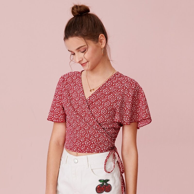 

Ditsy Floral Wrap Crop Blouse, Burgundy