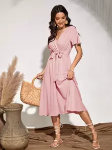 Flutter Sleeve Belted Dress - Dusty Pink - View 1