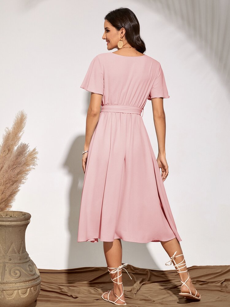 Flutter Sleeve Belted Dress - Dusty Pink - View 2