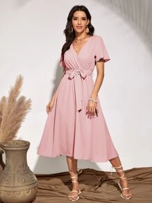 Flutter Sleeve Belted Dress - Dusty Pink - View 3