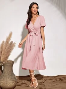 Flutter Sleeve Belted Dress - Dusty Pink - View 4