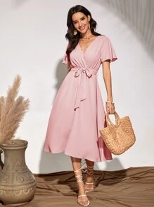 Flutter Sleeve Belted Dress - Dusty Pink - View 6