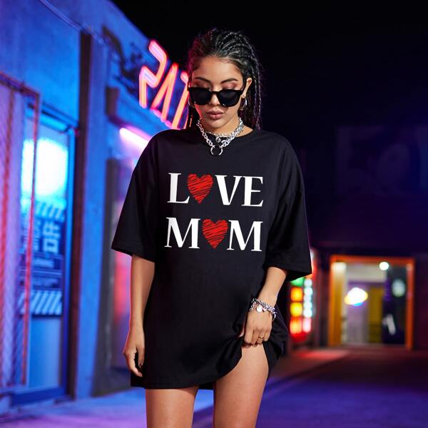 

Letter And Heart Print Oversized Tee, Black
