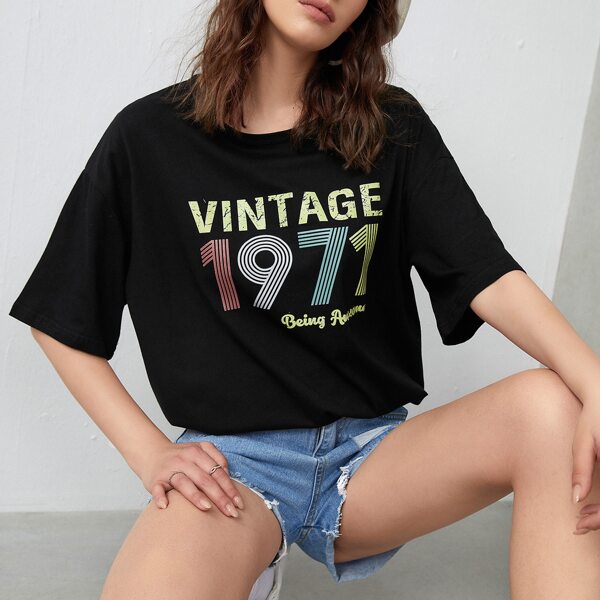 

Drop Shoulder Letter Graphic Tee, Black
