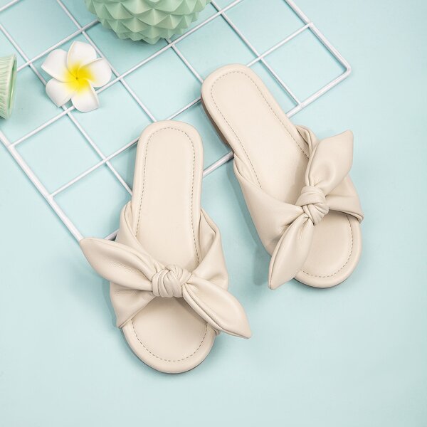 

Girls Minimalist Bow Decor Slides, Beige