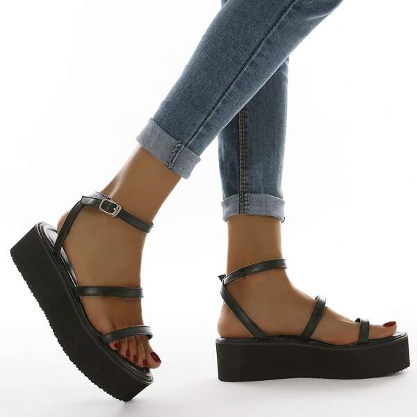

Thin Strap Ankle Strap Flatform Sandals, Black