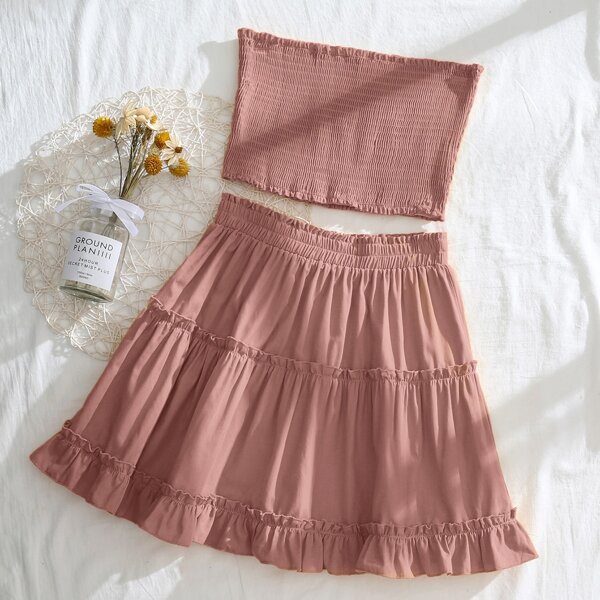 

Frill Trim Shirred Tube Top & Layered Hem Skirt Set, Redwood