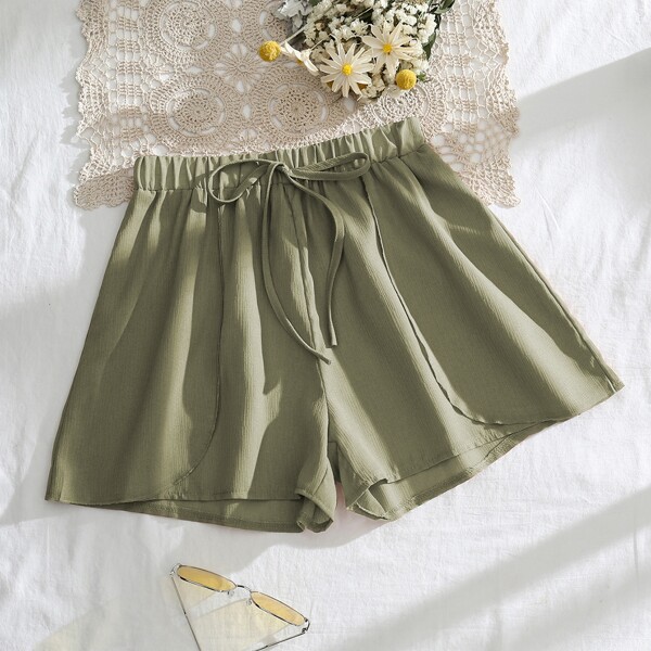 

Tie Waist Wide Leg Shorts, Army green
