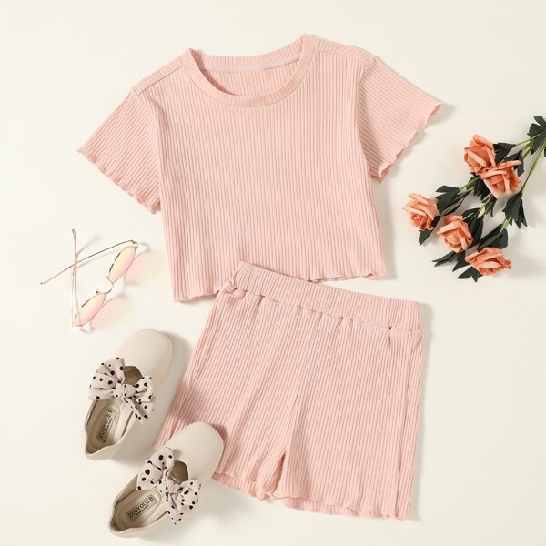 

Toddler Girls Lettuce Trim Tee & Shorts, Baby pink