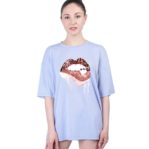 

Lip Print Drop Shoulder Oversized Tee, Baby blue