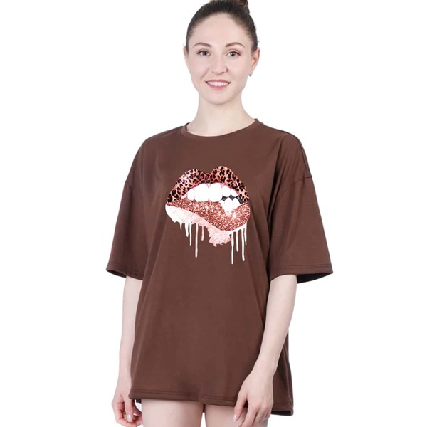 

Lip Print Drop Shoulder Oversized Tee, Coffee brown