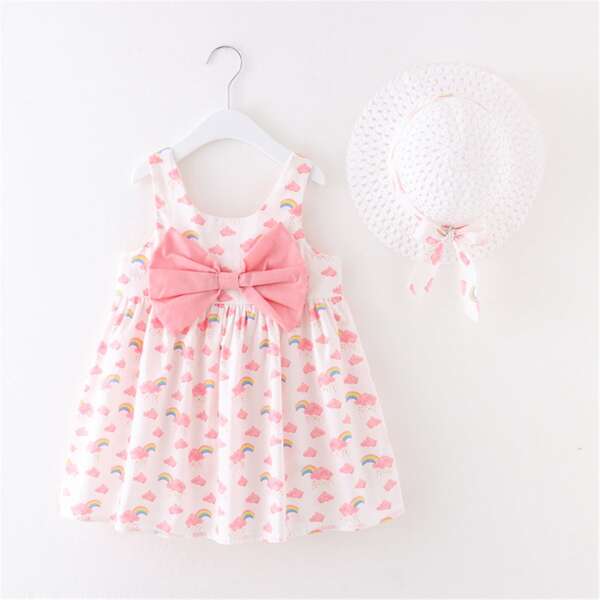 

Toddler Girls Cartoon Rainbow Print Bow Front Smock Dress & Hat, Multicolor