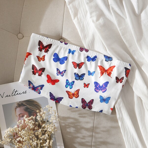 

Allover Butterfly Print Tube Top, White