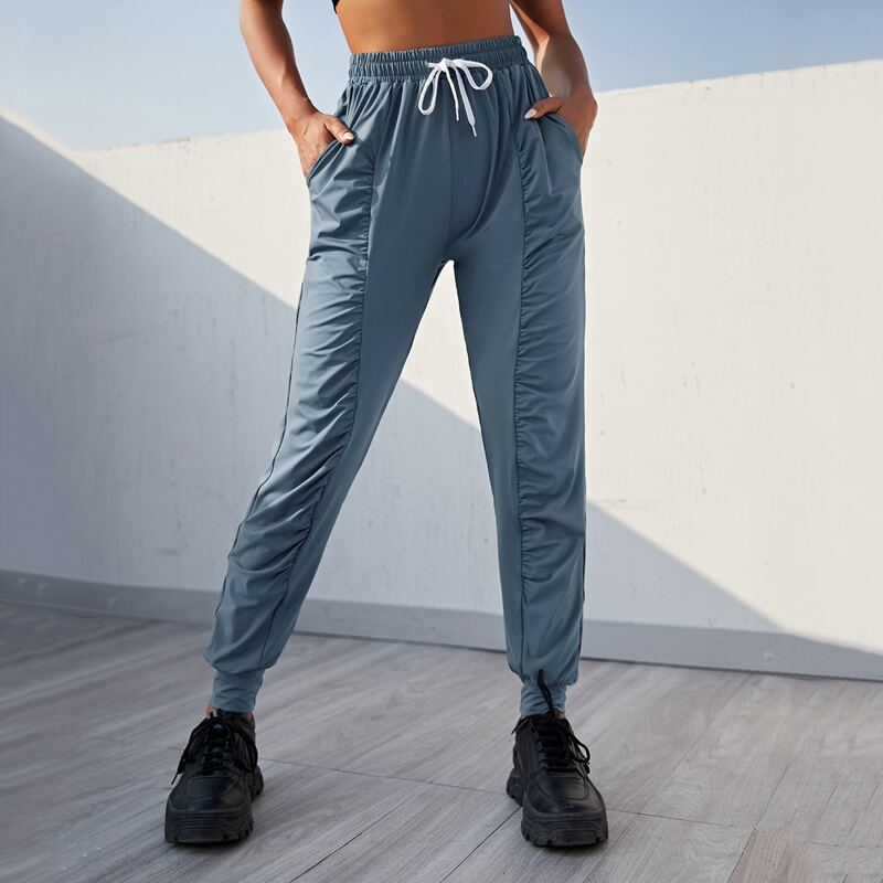 

Drawstring Waist Ruched Sports Pants, Dusty blue