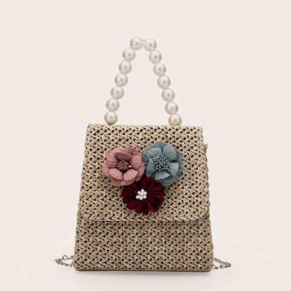 

Applique Pearl Decor Straw Satchel Bag, Khaki