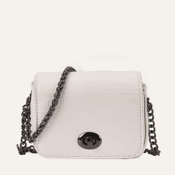 

Twist Lock Croc Embossed Chain Crossbody Bag, White