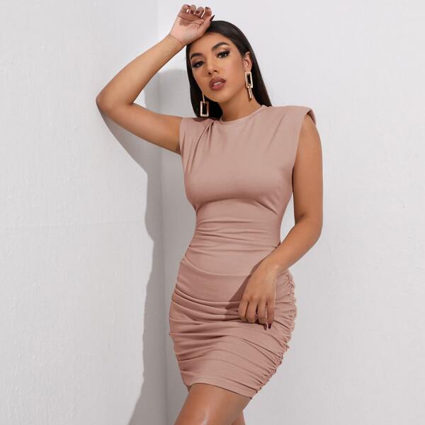 

Shoulder Pad Ruched Bodycon Dress, Dusty pink