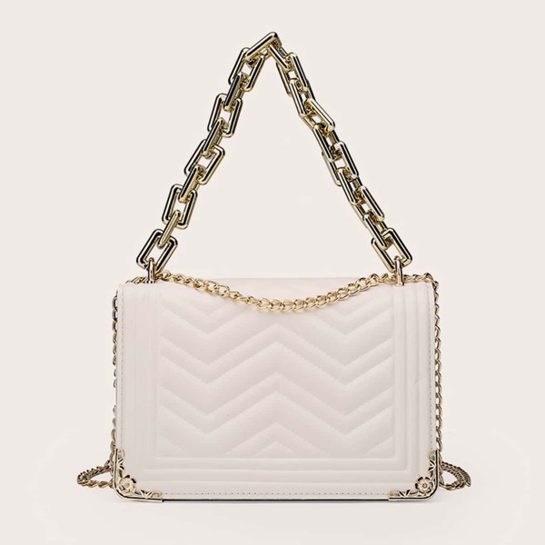 

Metal Decor Quilted Chain Satchel Bag, White