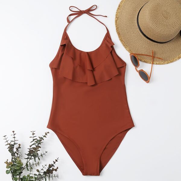 

Ruffle One Piece Swimsuit, Rust brown
