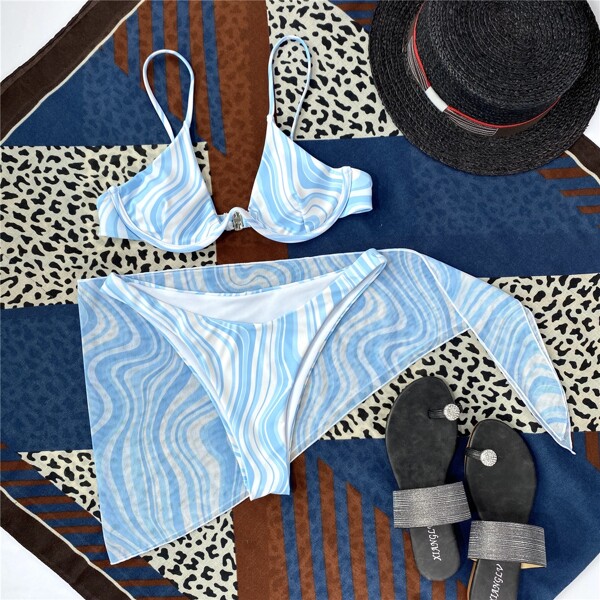 

3pack Underwire Bikini Swimsuit With Cover Up, Blue and white
