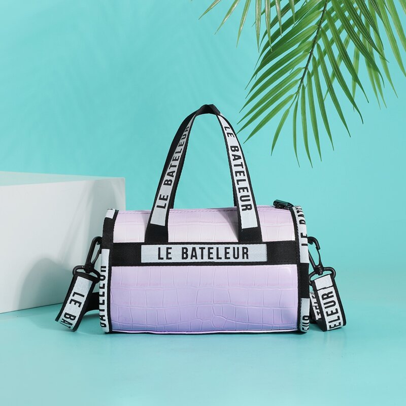 

Letter Graphic Croc Embossed Bucket Bag, Purple