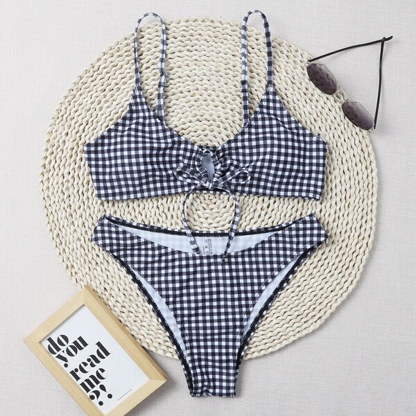 

Gingham Tie Front Bikini Swimsuit, Black and white