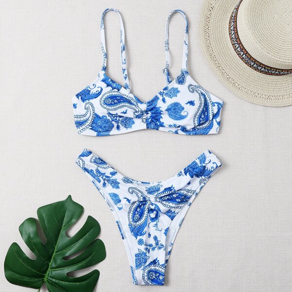 

Random Paisley Print Bikini Swimsuit, Blue and white