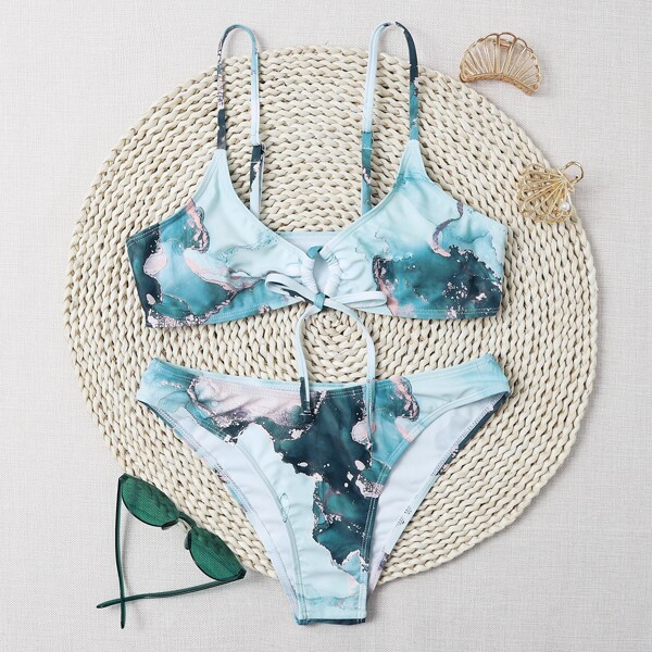 

Marble Print Tie Front Bikini Swimsuit, Blue