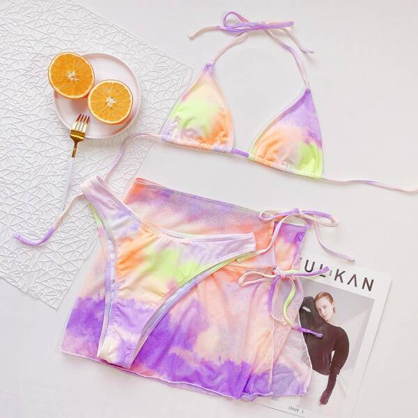 

3pack Allover Print Halter Bikini Swimsuit & Beach Skirt, Multicolor
