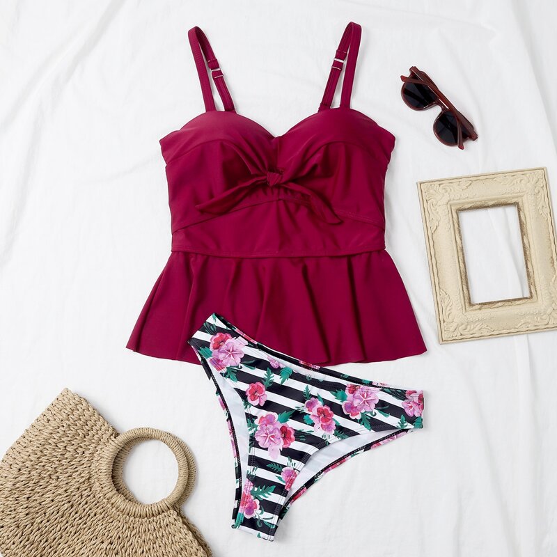 

Floral & Striped Knot Push Up Bikini Swimsuit, Burgundy