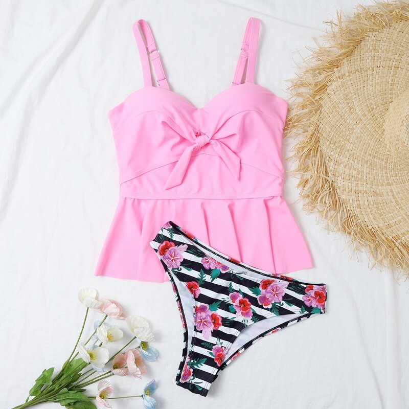 

Floral & Striped Knot Push Up Bikini Swimsuit, Pink