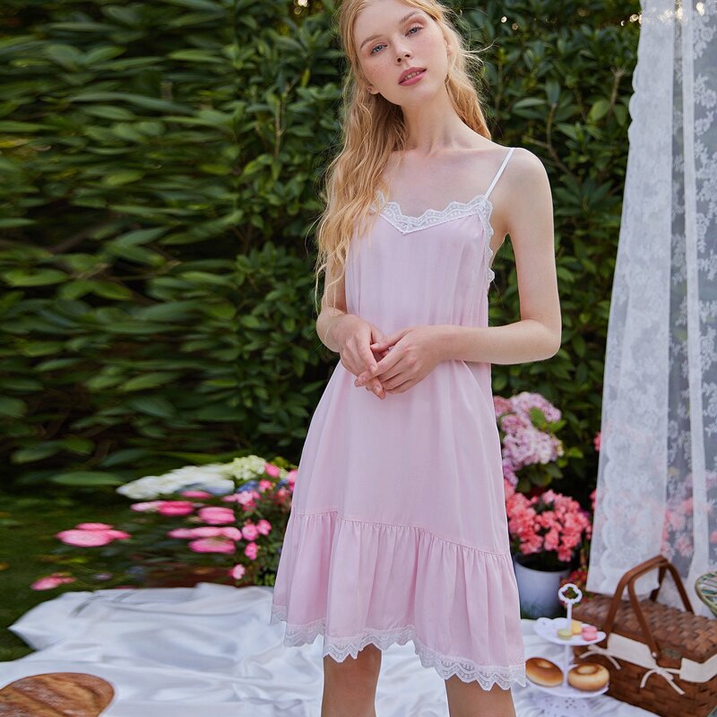 

Lace Trim Ruffle Hem Cami Night Dress, Baby pink