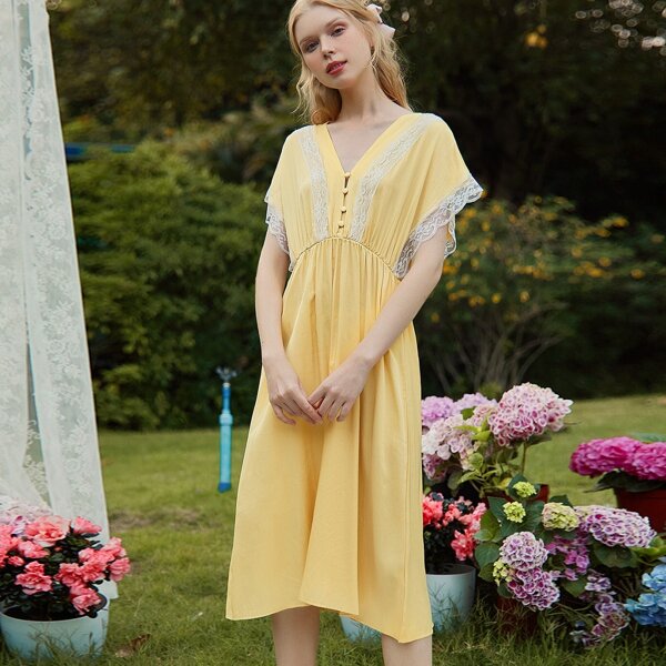 

Contrast Lace V-neck Button Front Nightdress, Yellow