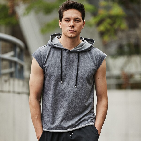 

Men Drawstring Hooded Space Dye Top, Dark grey