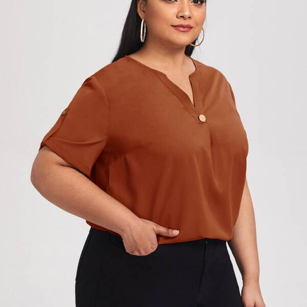 

Plus Notched Neck Solid Blouse, Rust brown