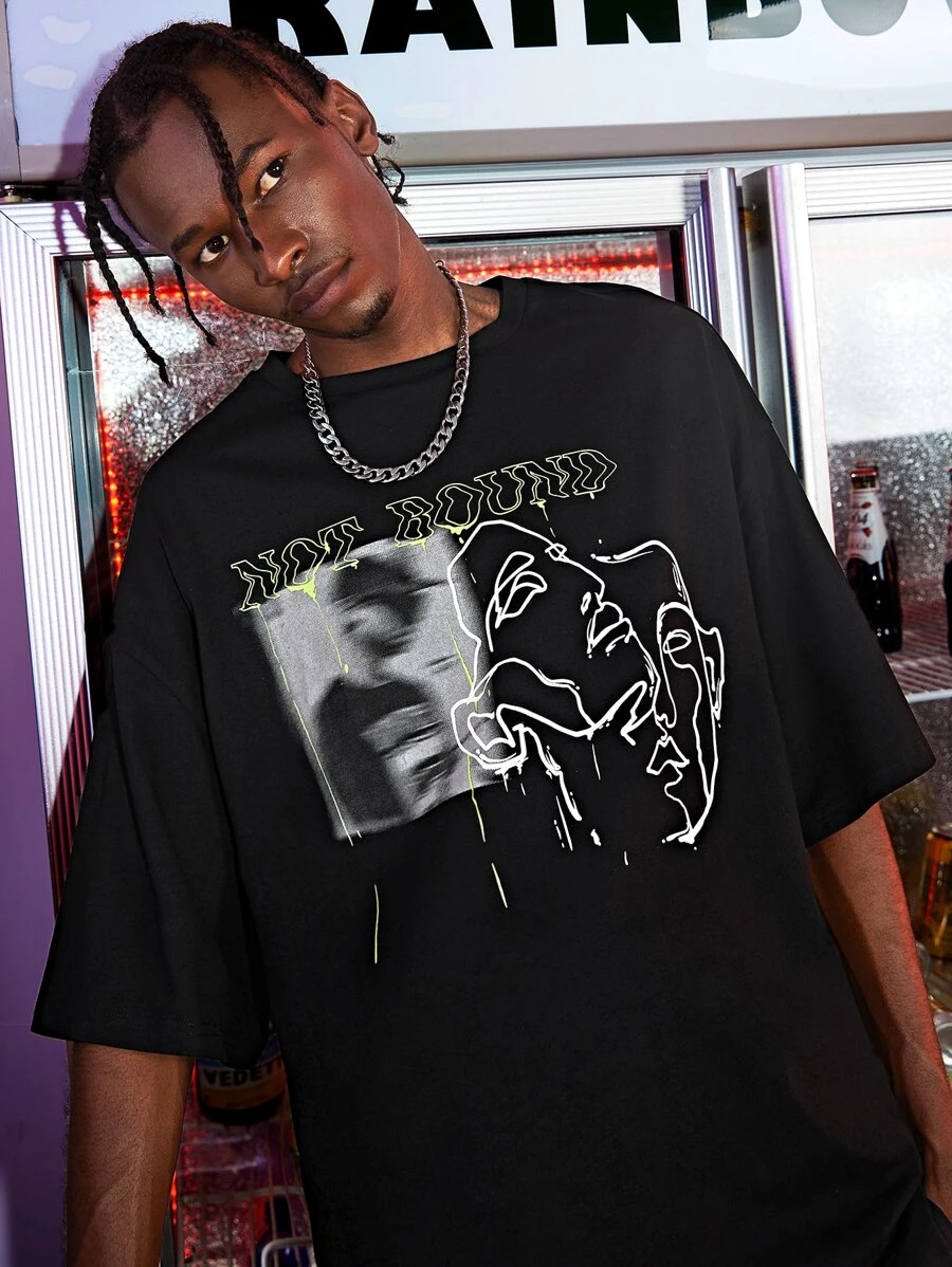 Manfinity RebelGame Camiseta con estampado de letra y figura de hombros caídos - Negro - Ver 1