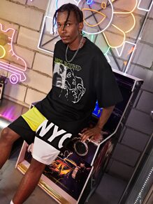 Manfinity RebelGame Camiseta con estampado de letra y figura de hombros caídos - Negro - Ver 3