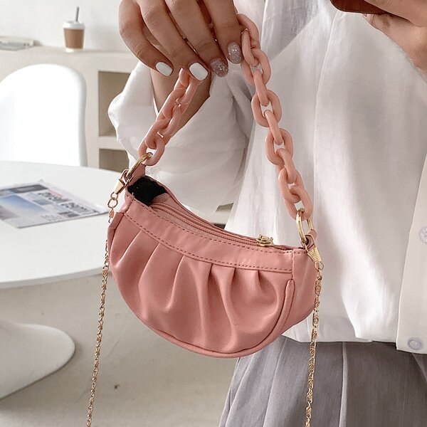 

Mini Ruched Chain Satchel Bag, Pink