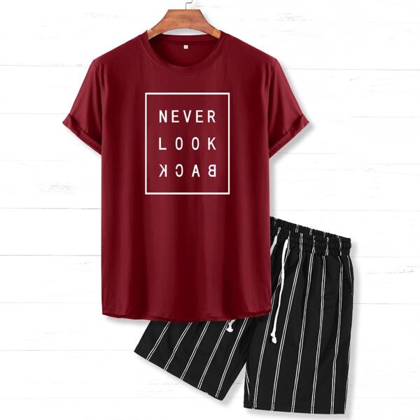

Men Slogan Graphic Tee & Striped Track Shorts, Multicolor