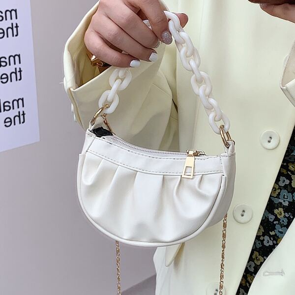 

Mini Ruched Chain Satchel Bag, White