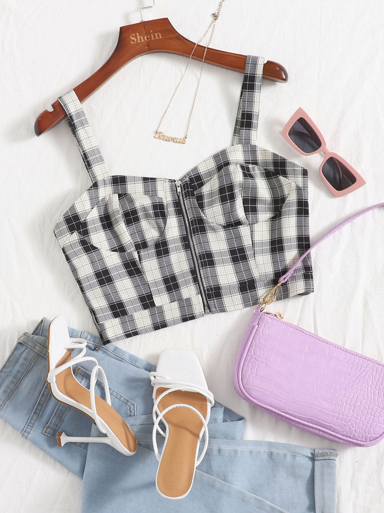 Plaid Zip Up Cami Top - Multicolor - View 1