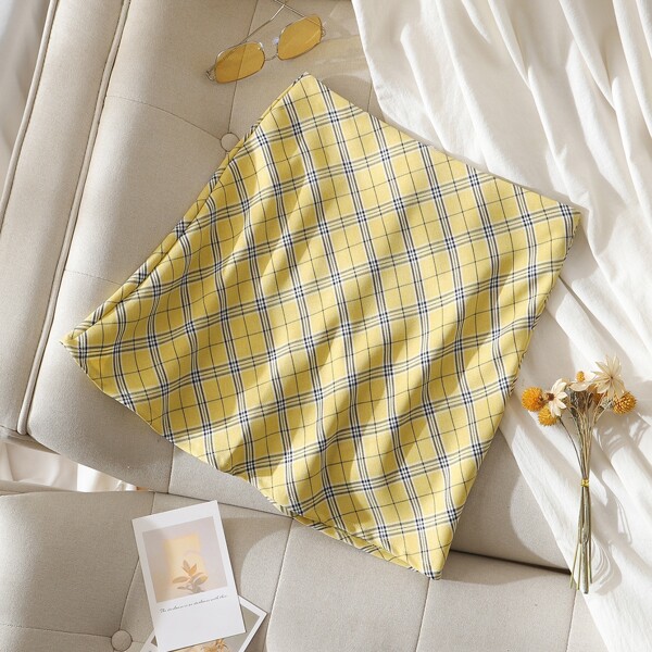 

Plaid Print Zipper Back Mini Skirt, Yellow